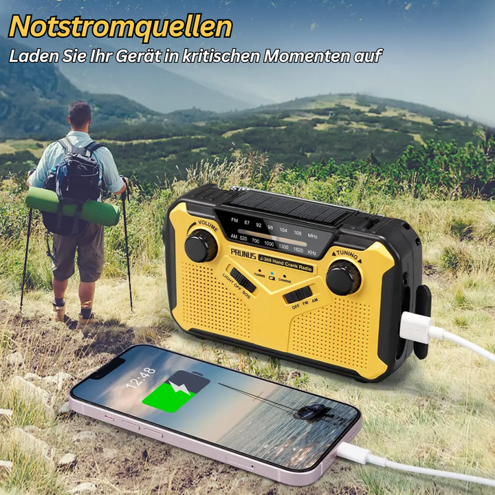 Multifunktionales Notfallradio mit Taschenlampe, Powerbank und SOS-Alarm, kompaktes Design für Outdoor-Abenteuer.