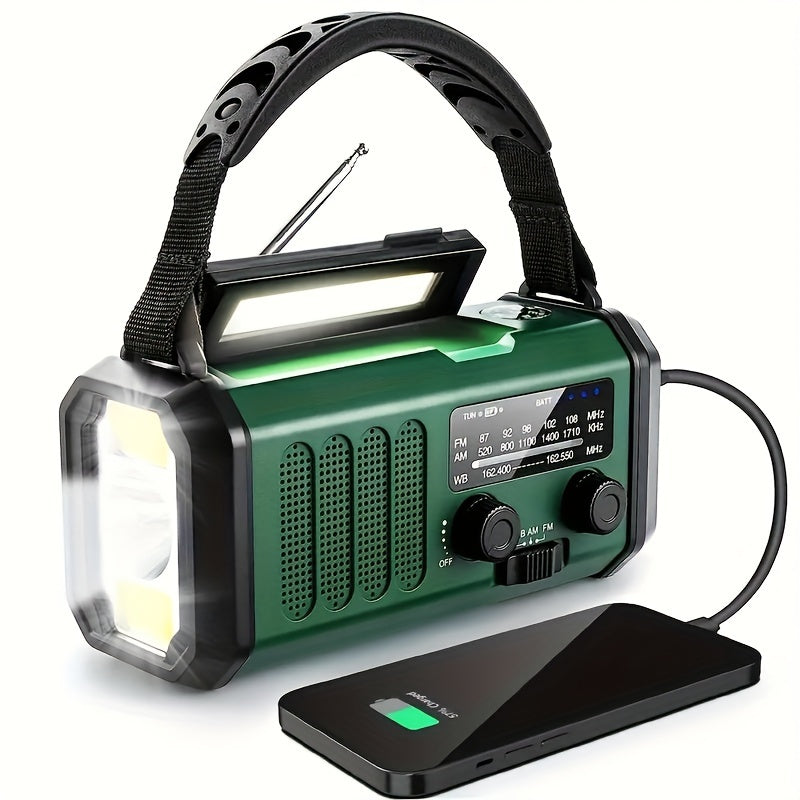 Multifunktionales Solar-Notfallradio mit Powerbank und LED-Taschenlampe für Camping und Outdoor, robust und kompakt.