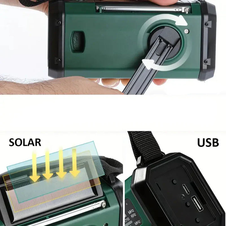 Multifunktionales Solar-Notfallradio mit Powerbank und LED-Taschenlampe für Camping und Outdoor, robust und kompakt.