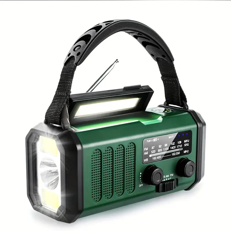 Multifunktionales Solar-Notfallradio mit Powerbank und LED-Taschenlampe für Camping und Outdoor, robust und kompakt.
