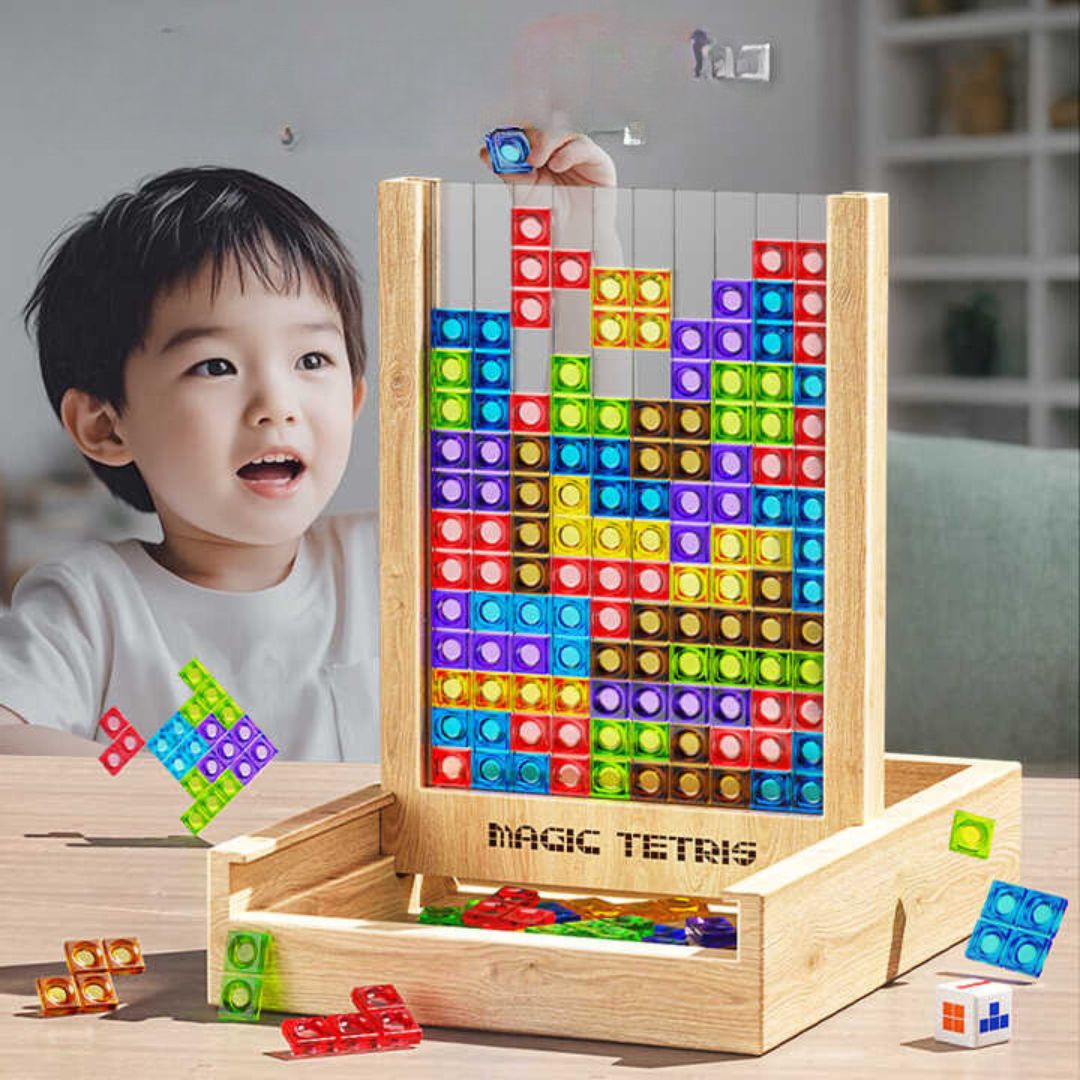 "Nachhaltiges Holz Tetris Puzzle mit bunten Steinen fördert logisches Denken und Feinmotorik bei Kindern und Erwachsenen."