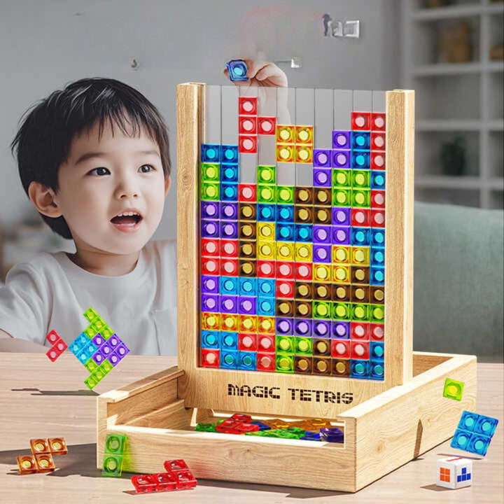 "Nachhaltiges Holz Tetris Puzzle mit bunten Steinen fördert logisches Denken und Feinmotorik bei Kindern und Erwachsenen."