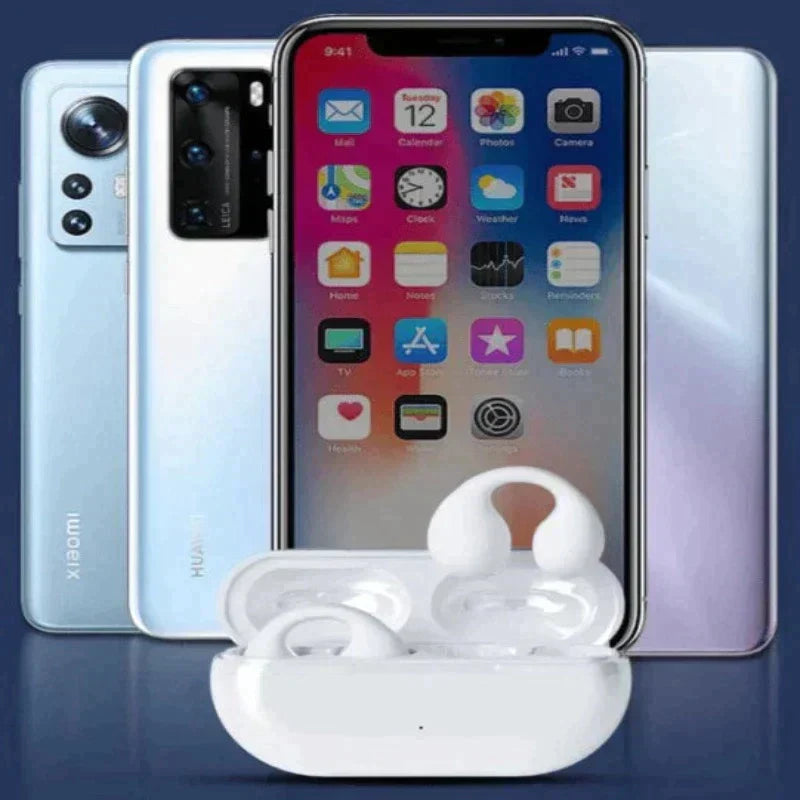 Nahaufnahme einer Frau mit kabellosen schwarzen Knochenschall Ohrhörern, stilvolles Design und kristallklarer HD-Sound.