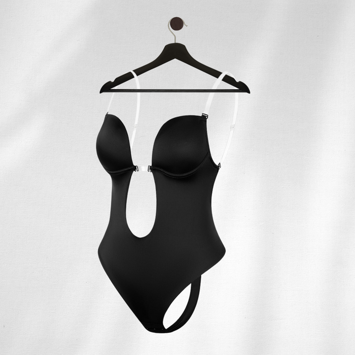 Nahtloser Shapewear BH für Damen, rückenfrei, in Schwarz; ideal für tiefe Ausschnitte, betont Kurven, hoher Komfort.