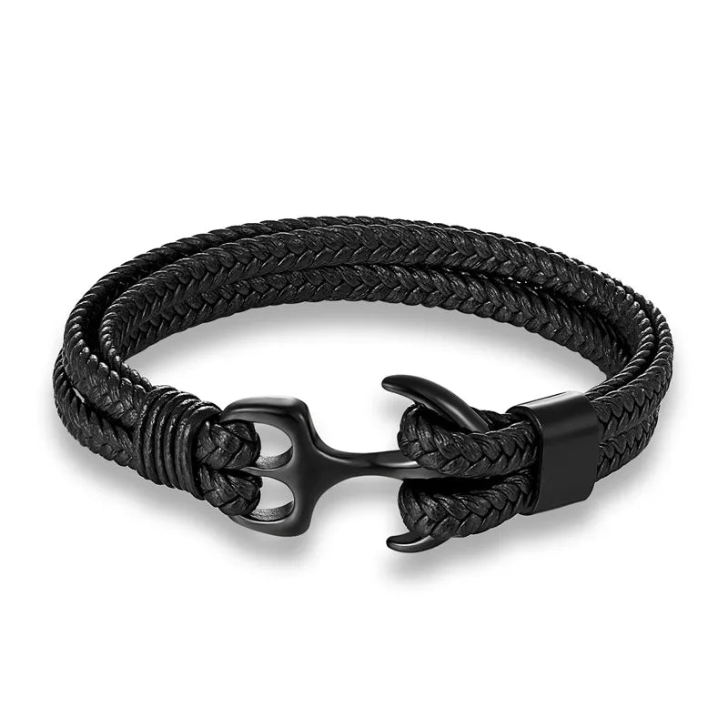 Durable black leather men's bracelet with a sleek stainless steel anchor clasp.