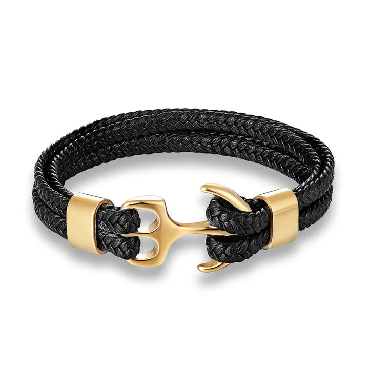 Men's rugged leather bracelet with a prominent stainless steel nautical anchor.