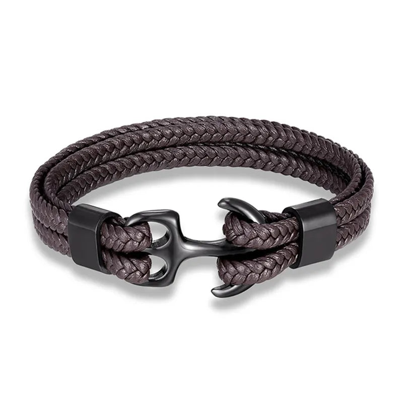 Men's leather anchor bracelet worn on wrist, showcasing rugged nautical style.