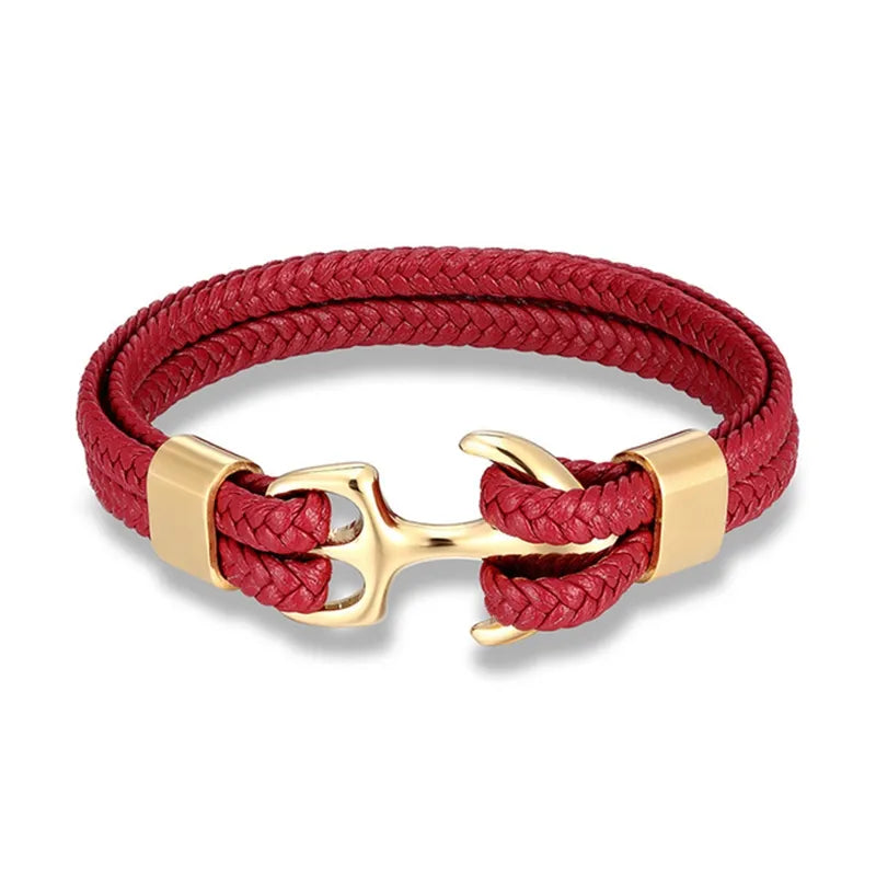 Black leather men's bracelet featuring a polished stainless steel anchor, rugged accessory.