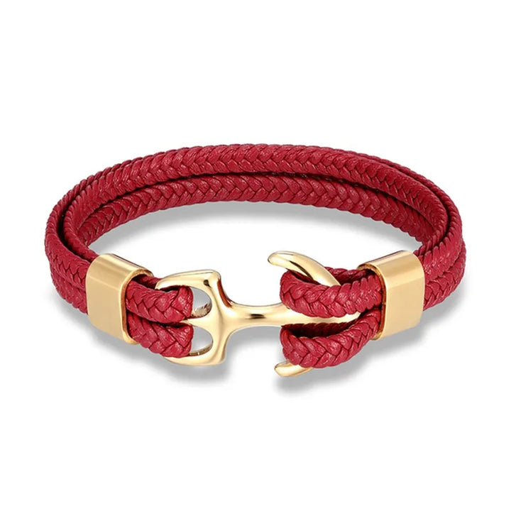 Black leather men's bracelet featuring a polished stainless steel anchor, rugged accessory.