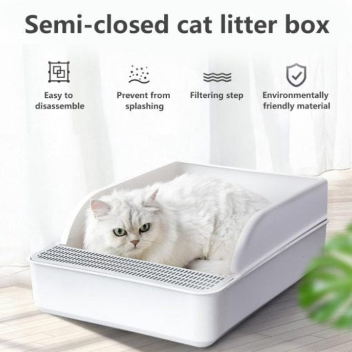 No mess cat litter tray with high walls, grey, showing depth for splash prevention, easy clean pet hygiene.