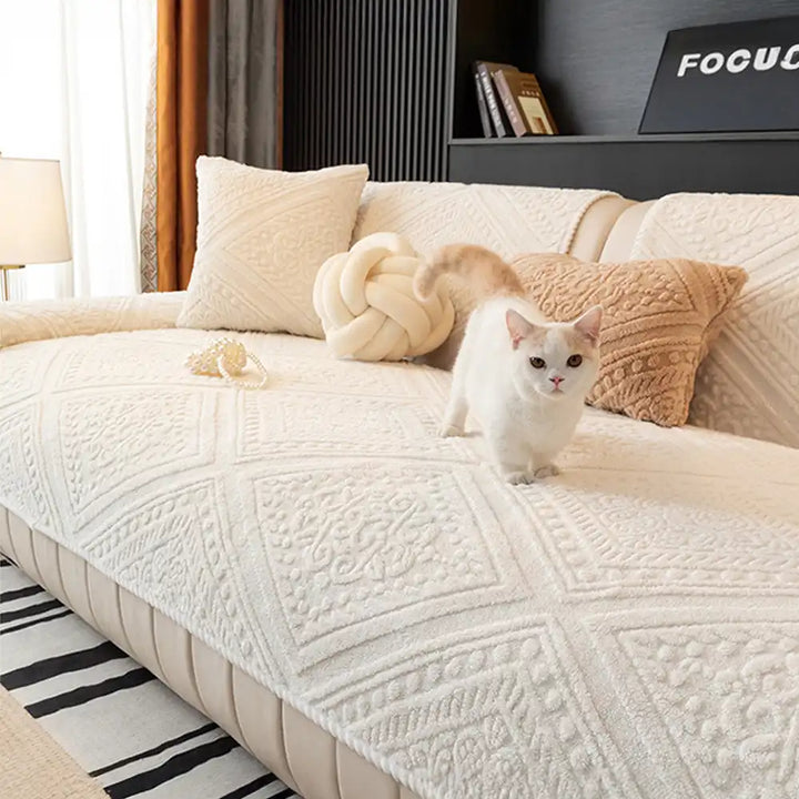 Elegant Nordic carved plush non-slip sofa cover, safeguarding furniture from pets