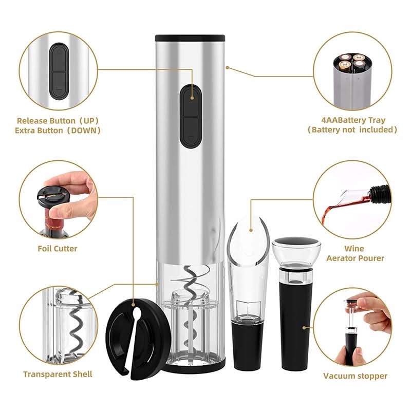 Cordless automatic electric wine bottle opener. Rechargeable stainless steel corkscrew, a must-have wine tool.