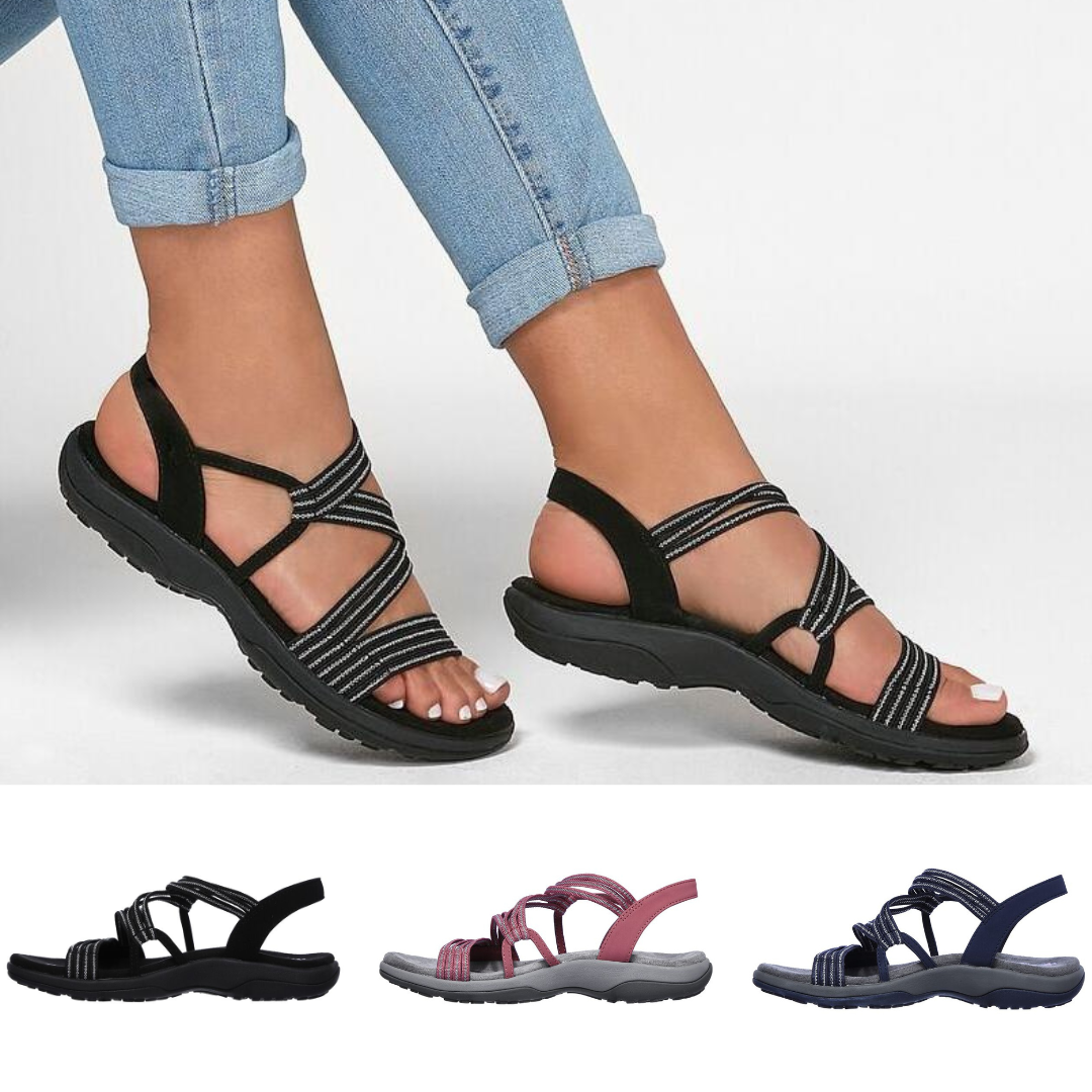 "Orthopädische Damen-Sportsandalen, beige, mit verstellbaren Riemen, anatomischem Fußbett und Fußgewölbeunterstützung."