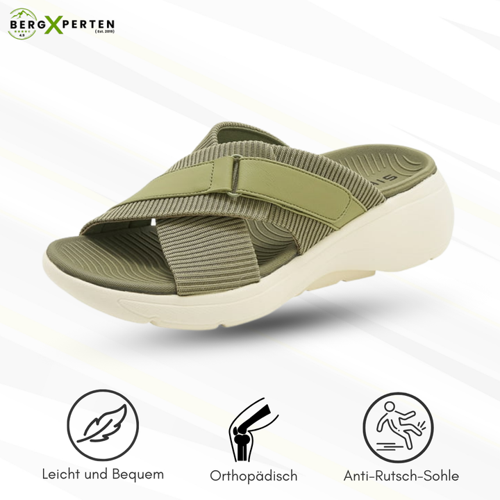 "Orthopädische grüne Sandalen für Damen mit rutschfester Sohle und weichem Material zur Linderung von Fußschmerzen."