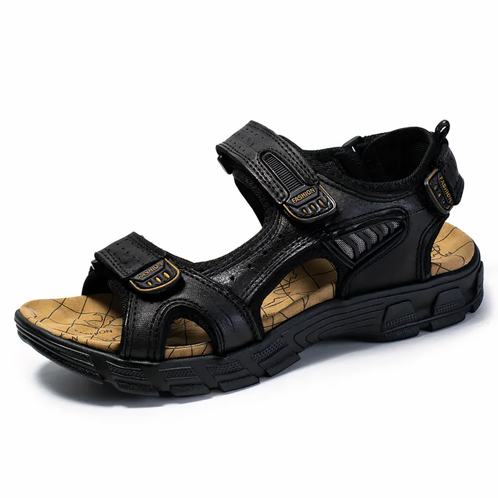 Orthopädische Sandalen für Herren, komfortable Fußunterstützung, verstellbare Riemen, konturiertes Fußbett, offenes Design.
