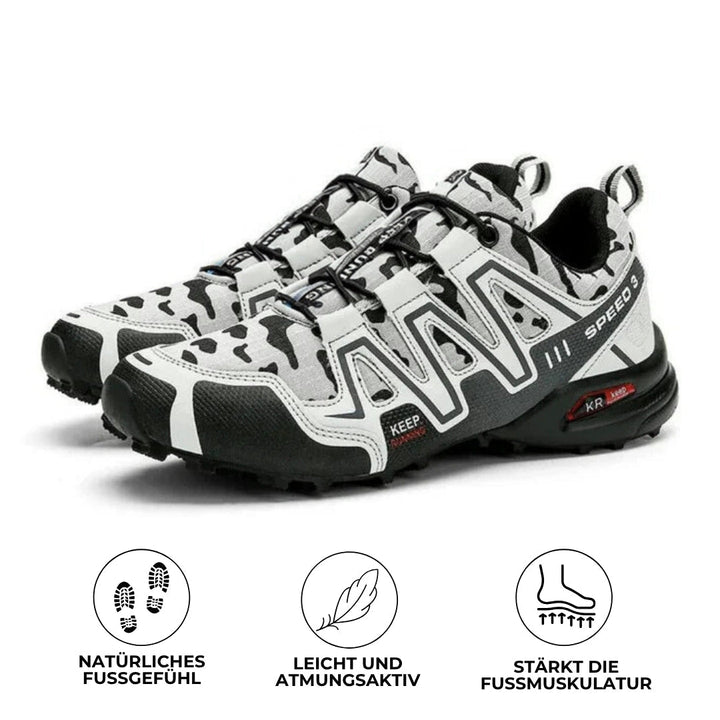 Orthopädische Wanderschuhe mit rutschfester Sohle und breitem Zehenraum, ideal für Komfort und Stabilität beim Wandern.