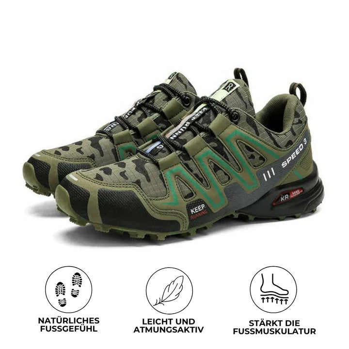 Orthopädische Wanderschuhe mit rutschfester Sohle und breitem Zehenraum, ideal für Komfort und Stabilität beim Wandern.