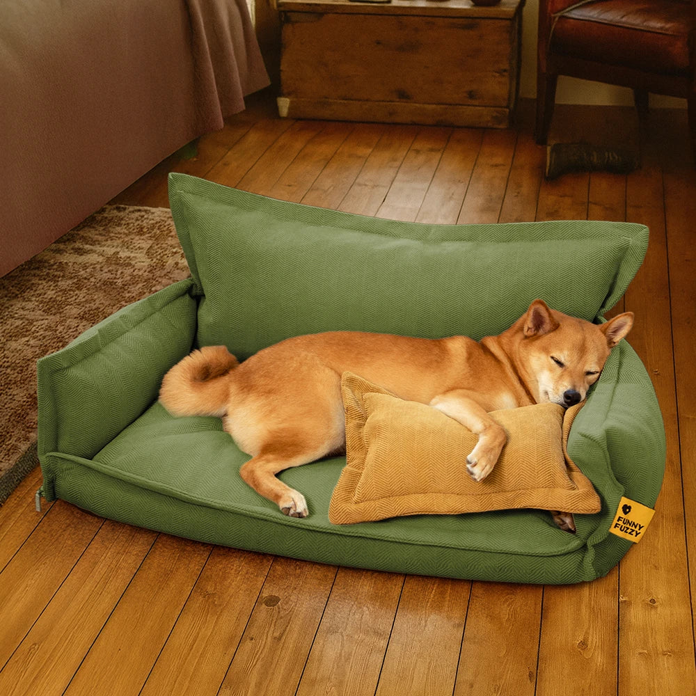 Orthopedic dog bed in gray chenille fabric with removable pillow, perfect for all seasons.
