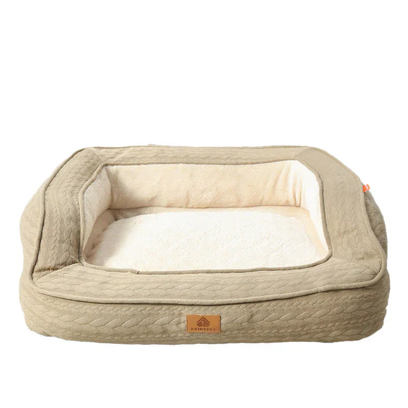 Dog enjoying a deep sleep on an ergonomic orthopedic dog bed for joint support.