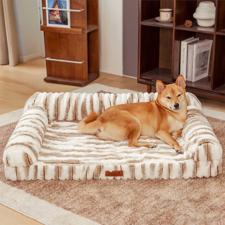 Orthopedic pet bed with bolster, striped faux fur, for large dogs & cats, washable, non-slip bottom