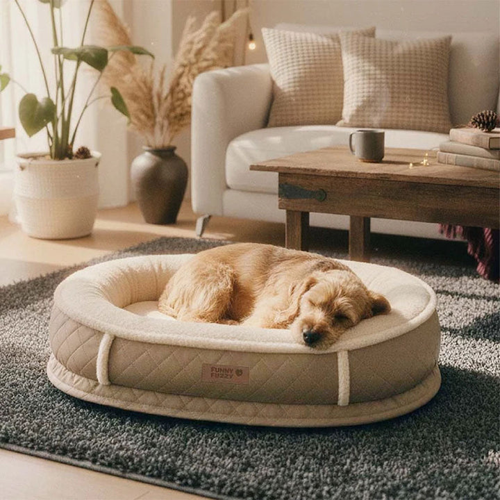Orthopedic soft calming pet bed for dogs and cats, plush gray, front view with raised edges