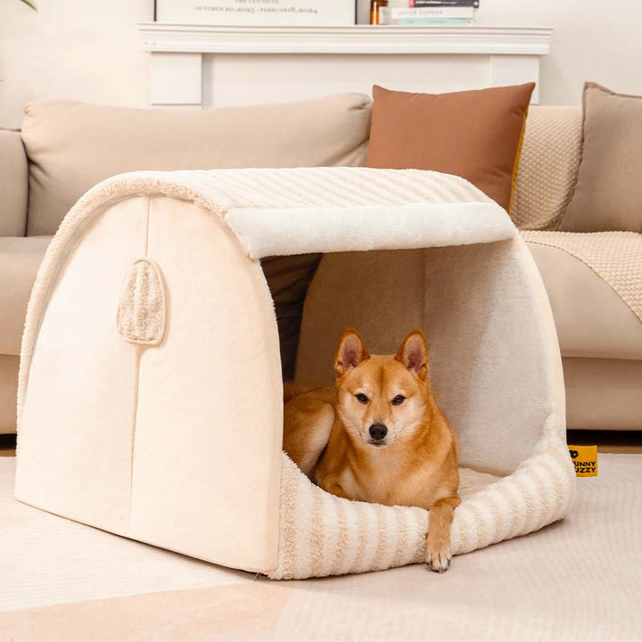 Durable striped pet bed, washable & designed for long-lasting use