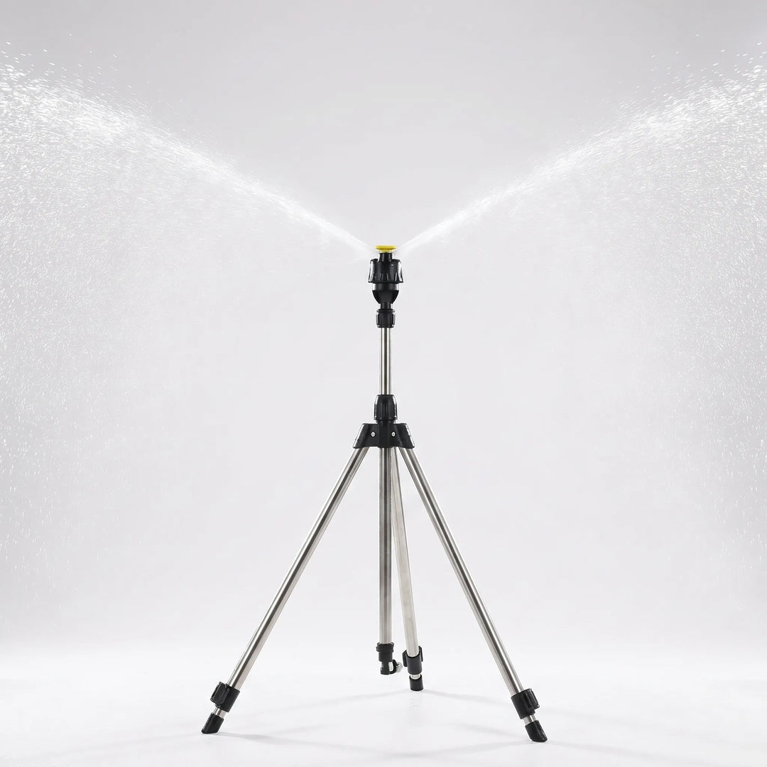 Extendable tripod garden sprinkler for uniform watering of lawns, yards, and large outdoor spaces.