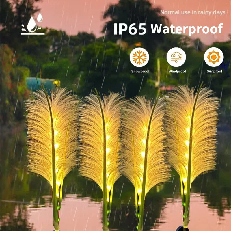 Pathway lined with glowing outdoor solar reed garden lights, enhancing yard decor at night.