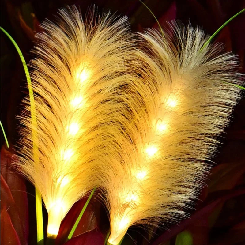 Several eco-friendly solar reed lights illuminating a garden path, an elegant landscape light.