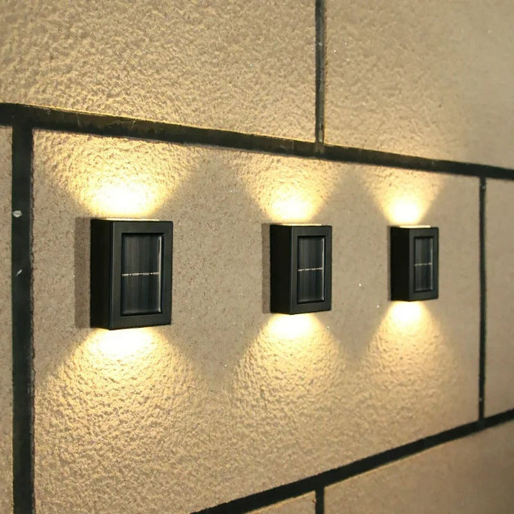 Wireless solar LED security wall light for home exterior; easy install, no wiring needed.