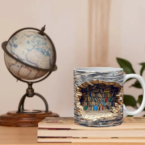Detailed 3D library bookshelf ceramic mug, an ideal literary gift for any bibliophile or coffee-loving reader.