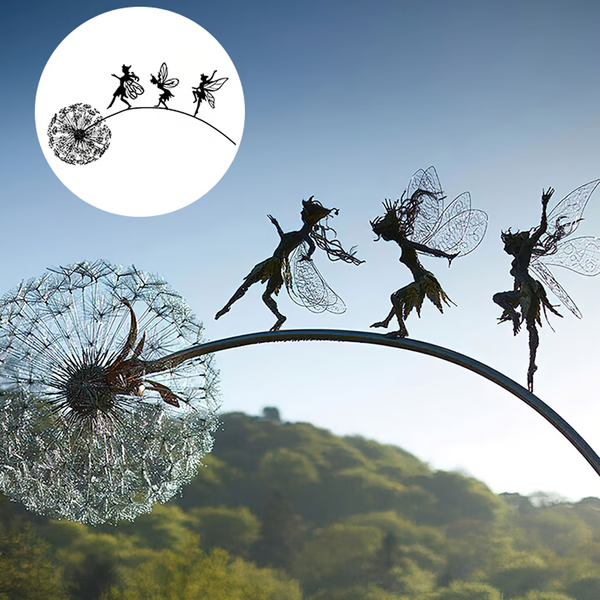 Handcrafted steel fairy art sculpture adds whimsical charm to any garden, patio, or indoor space; unique home accent.