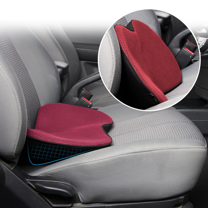 Car seat riser cushion enhances driving visibility, back support & ergonomic posture.