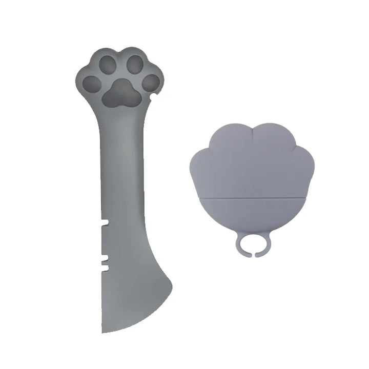 Easy-grip silicone pet food dispenser & can opener, purple, for cats and small pets.