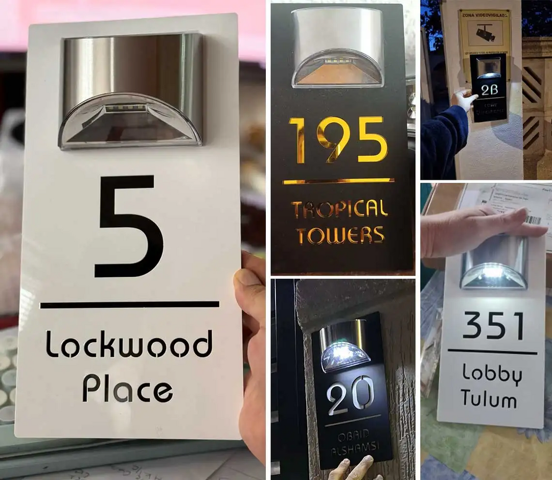 "Personalisierte Solar-LED-Hausnummer, wetterfest, energieeffizient, mit hellen LEDs und klarer Sichtbarkeit bei Nacht."