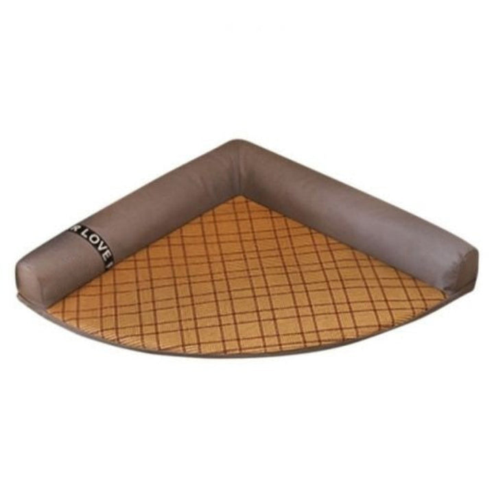 Pet Cooling Corner Bed in use, a happy dog relaxing on its comfortable, space-saving cat bed