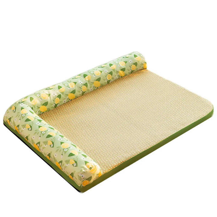 Small dog resting on a rectangular pet cooling bed in lemon perfume color with raised sides, providing a cool and comfortable spot