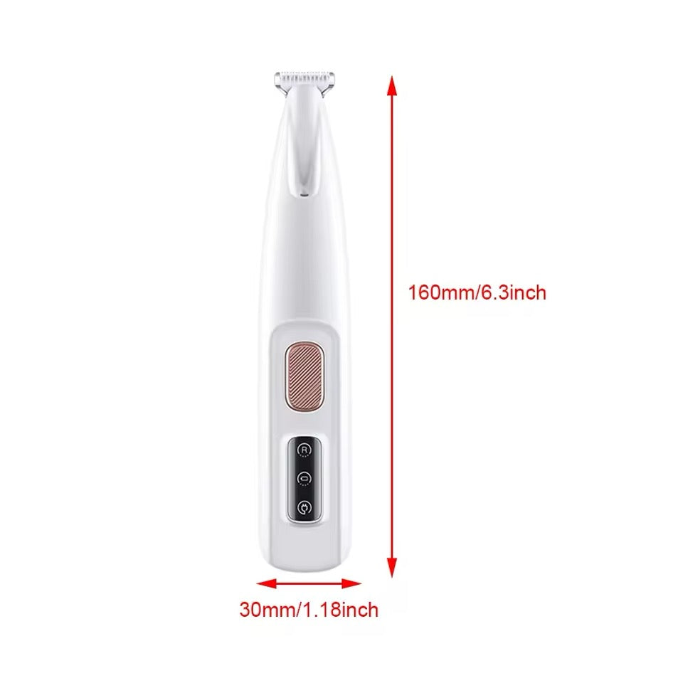 Close-up of Pet Electric Trimmer: quiet motor, LED light, ceramic blade for pet paw grooming