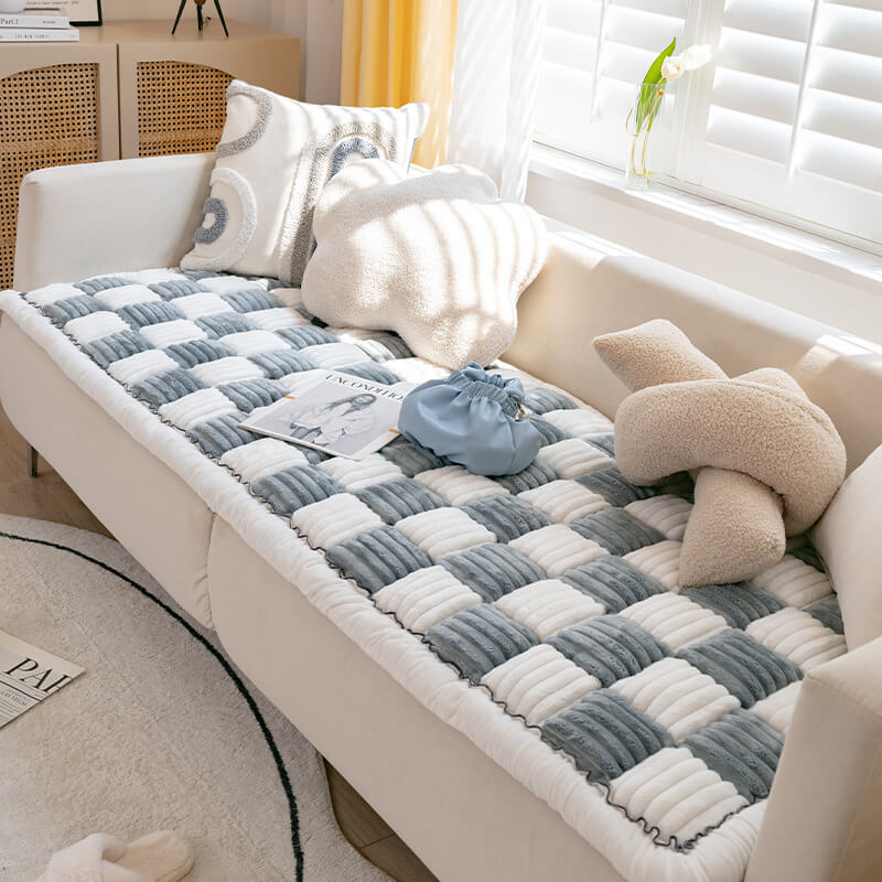 Full view of a pet-friendly non-slip cotton couch cover, beige, protecting a two-seater