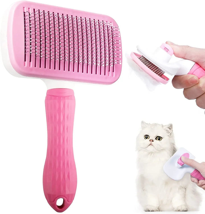 Close-up of a pet deshedding brush, showing teeth designed for removing undercoat and promoting a shiny coat.