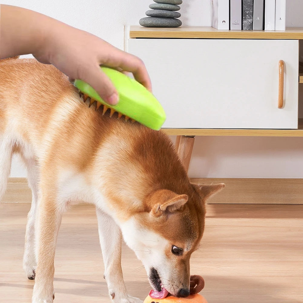 Close-up of pet grooming steam brush, white handle, gentle bristles, ideal for dog and cat fur