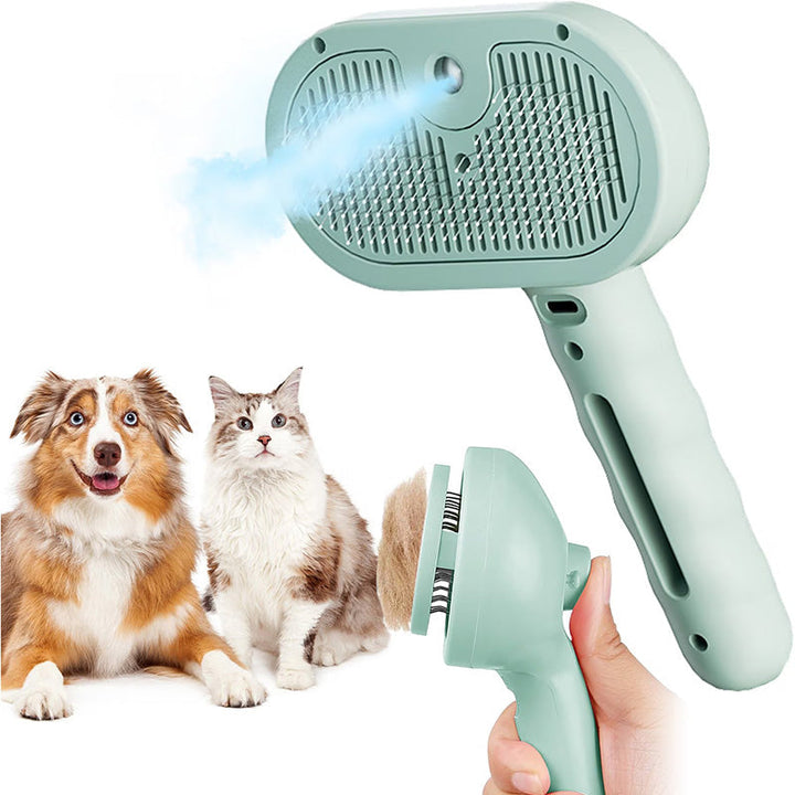 Innovative pet steam brush removing loose fur from a long-haired cat, clean finish