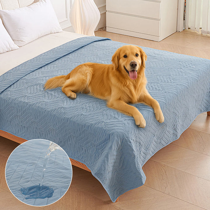 Pet Proof Water-Resistant Blanket Bed Cover in grey, protecting a sofa from pet stains and fur.