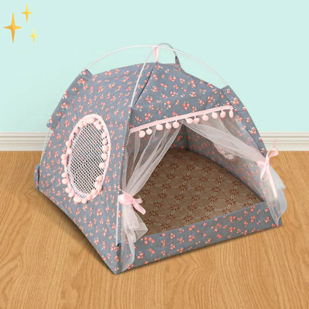 Portable pet tent bed, gray with a removable cover, ideal for a cozy indoor/outdoor cat or dog sanctuary