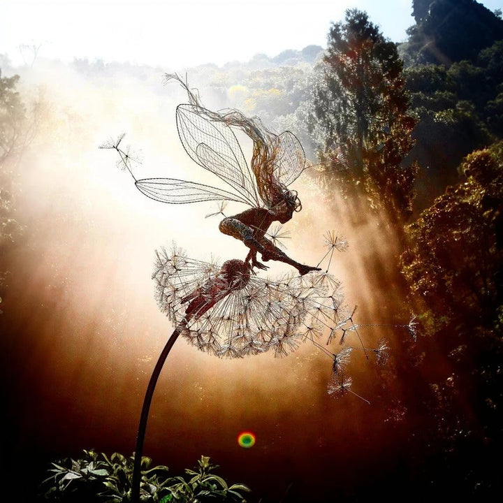 Whimsical metal fairy & dandelion garden decor with stake for outdoor yard art.
