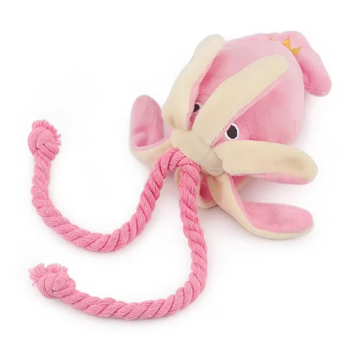 Cute pink plush squid dog toy designed for pet interactive chewing fun