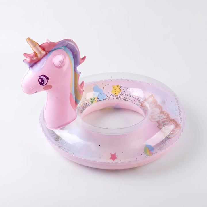 Durable Sparkella inflatable pink unicorn float for kids, ideal for safe and fun pool or beach play.