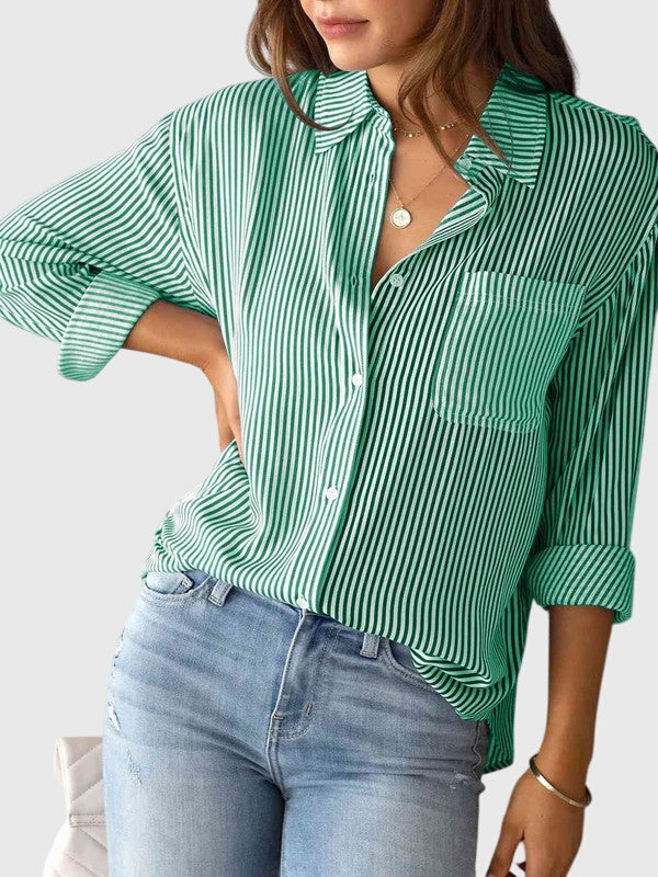 Blue women's elegant striped collared blouse, ideal for versatile office style.