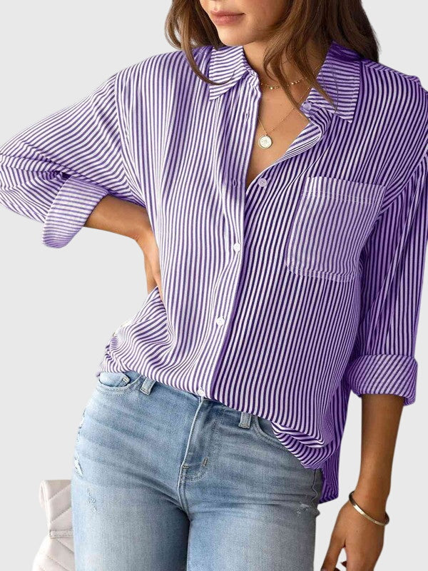 Stylish blue long sleeve striped shirt, a comfortable collared top for women.