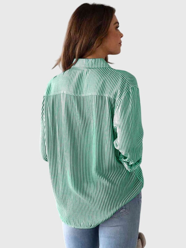 Elegant green striped collared women's shirt, perfect for office or daily wear.